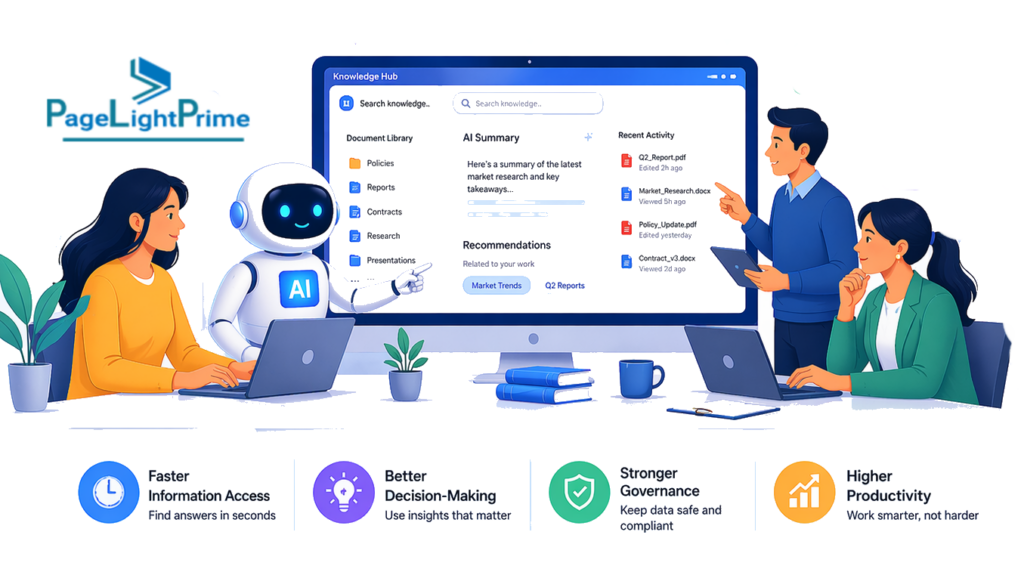 AI-powered legal knowledge and document management showing lawyers using software to organize, search, and analyze legal documents and precedents.