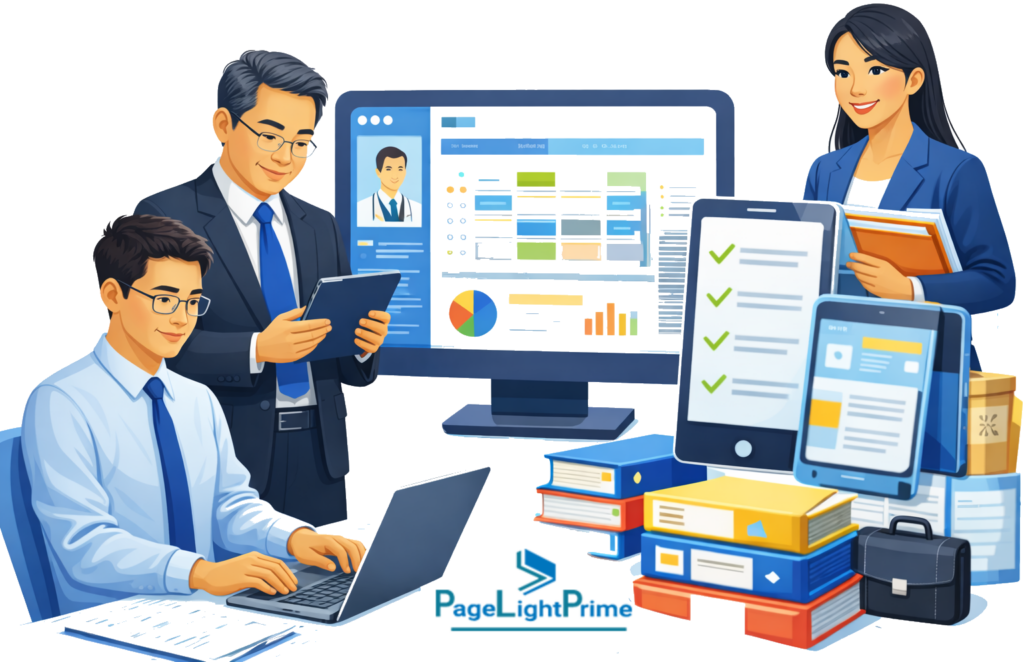 legal operations platform, showing client intake, matter creation, workflow automation, and legal professionals using digital tools and dashboards.