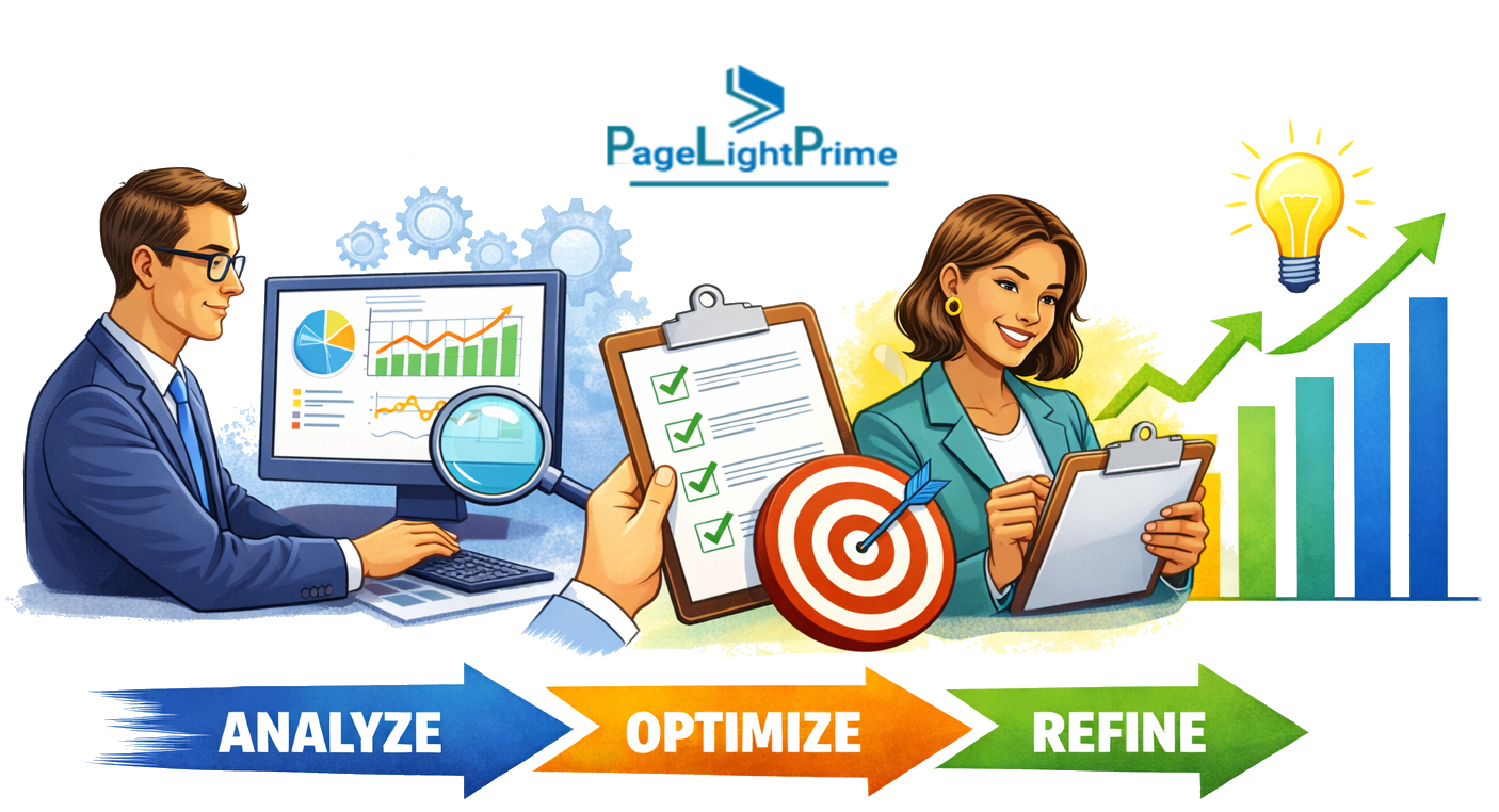 analytics and continuous improvement in billing, showing professionals using dashboards to monitor metrics like realization