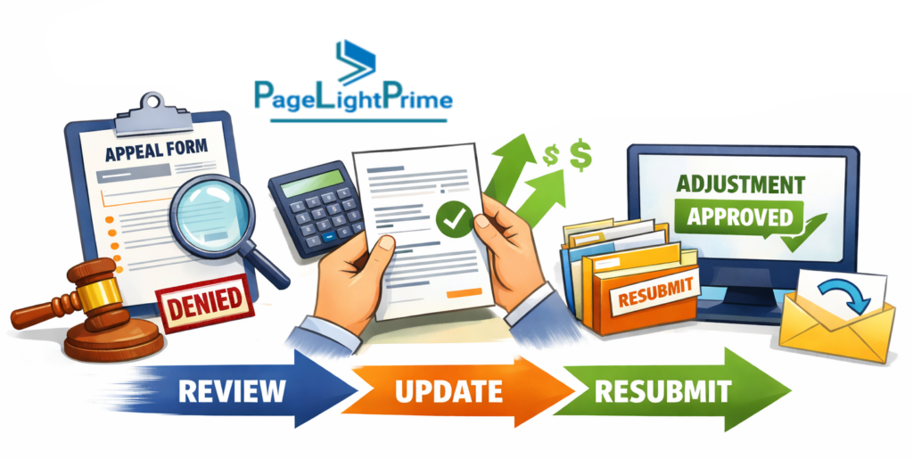 professionals exchanging documents across laptops, representing billing appeals, adjustments, resubmissions,