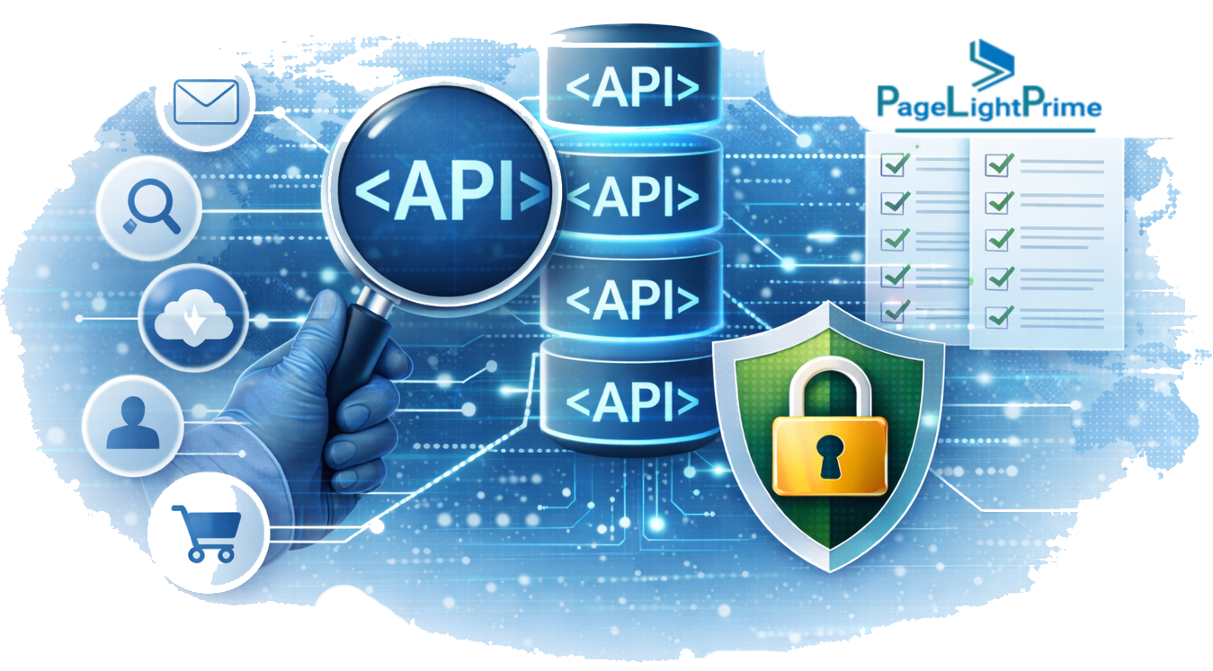 API integrations and audit processes showing a central dashboard with icons for API documentation, audit logs