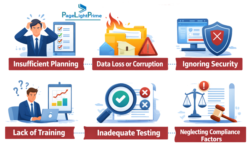 law firm migration mistakes, including duplicate client records, unnecessary historical billing data, lack of integration testing, skipping staff training, and underestimating workflow