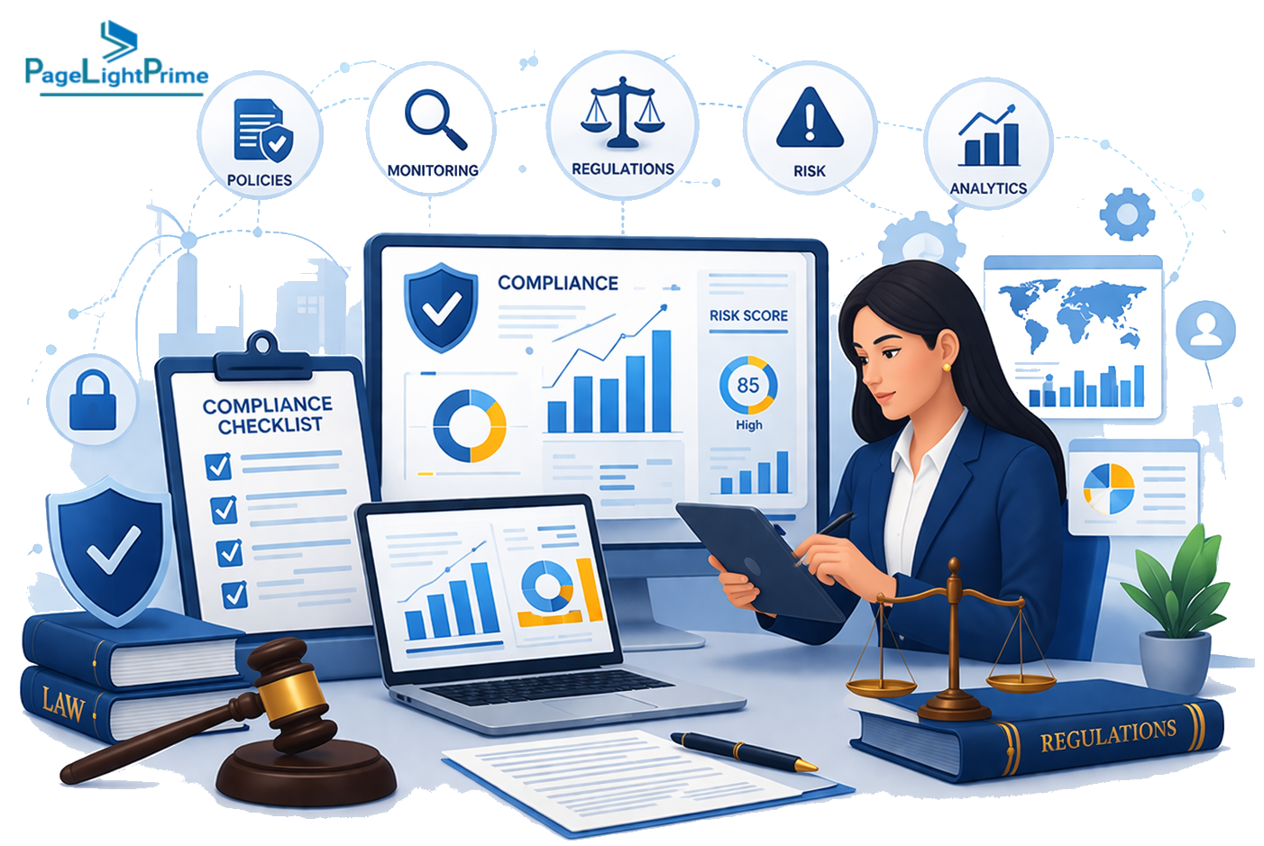 legal platform, showing dashboards for regulatory compliance, risk management, contract management