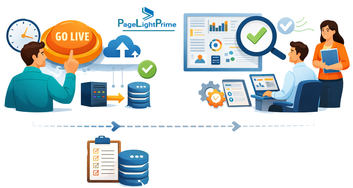 data migration final cutover process showing two professionals reviewing documents on a laptop