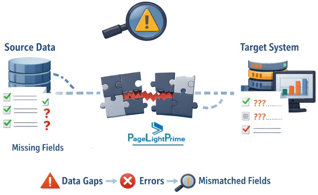 legal data mapping during software migration, showing professionals reviewing field mappings between systems