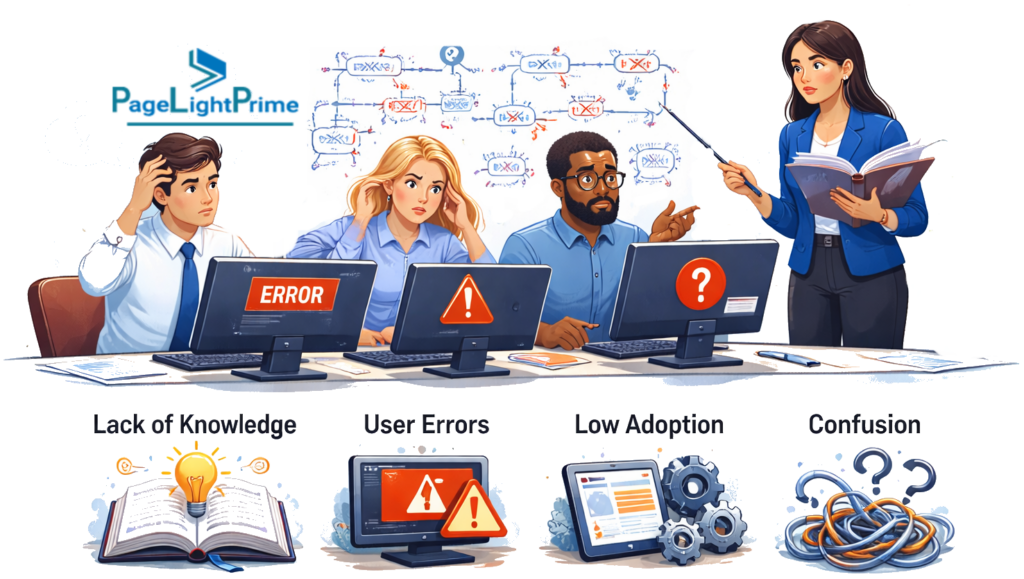 insufficient staff training in legal technology, with a professional using a laptop surrounded by digital tools