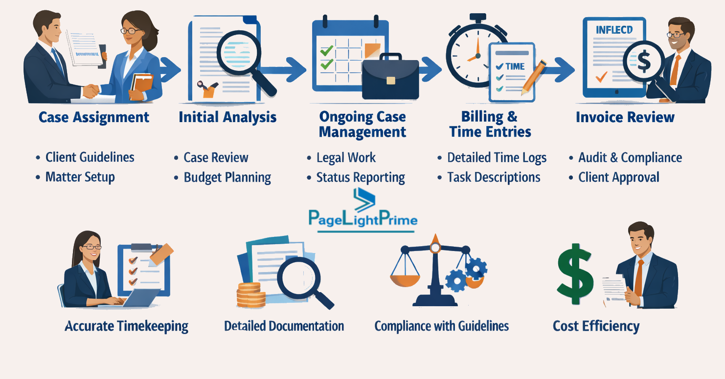 Diagram of end-to-end insurance defense billing workflow for law firms