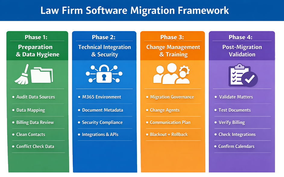 A sample data mapping table showing legacy legal fields transitioning to modern cloud-based practice management software.