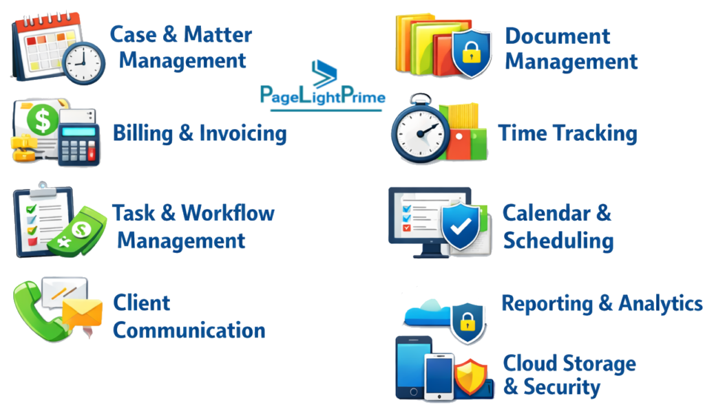 legal professionals using software tools with icons for documents, email, and spreadsheets