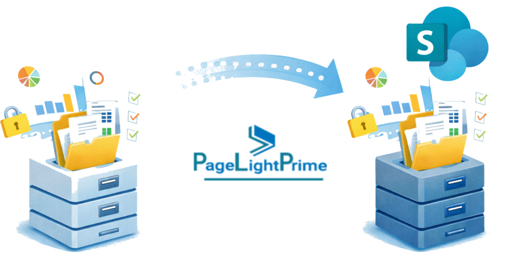 NetDocuments to SharePoint—data extraction, architecture mapping, execution, and post-migration optimization—alongside a visual of reconciling