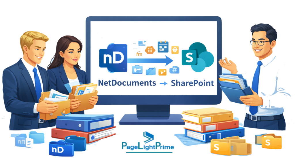 Documents from NetDocuments to Microsoft 365/SharePoint, featuring Word, Excel, and other files being converted into PDFs with a one-click process