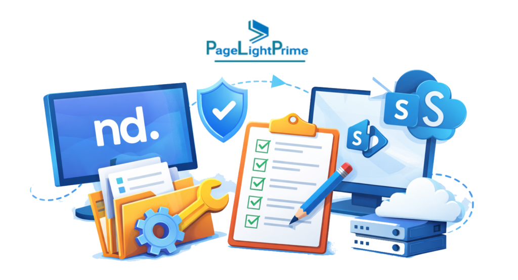 client ledgers alongside a NetDocuments to SharePoint migration checklist for 2026, showing phases for admin configuration and SharePoint readiness.
