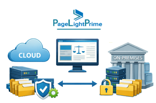 On-premise legal document management system illustration showing DMS and CRM integration on firm-controlled servers with secure document storage