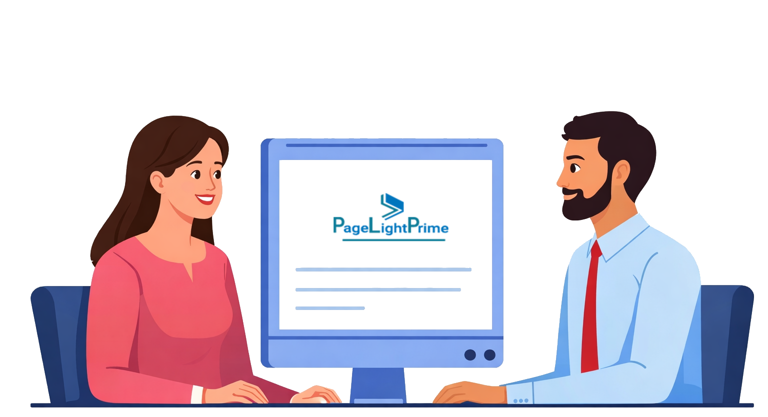 two professionals sitting across from each other at a computer labeled PageLightPrime 