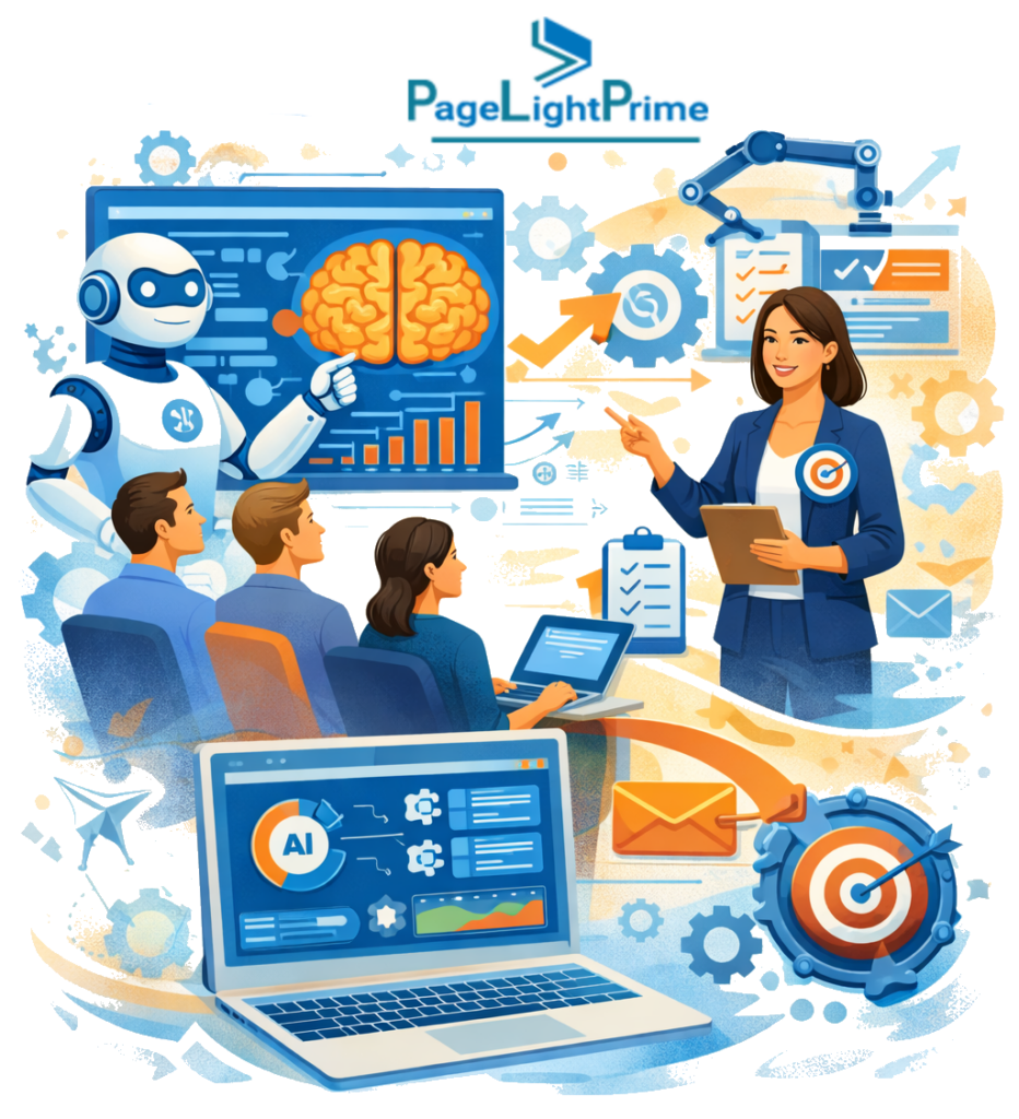 staff using AI and workflow automation tools with Microsoft 365 and PageLightPrime, highlighting features like document drafting