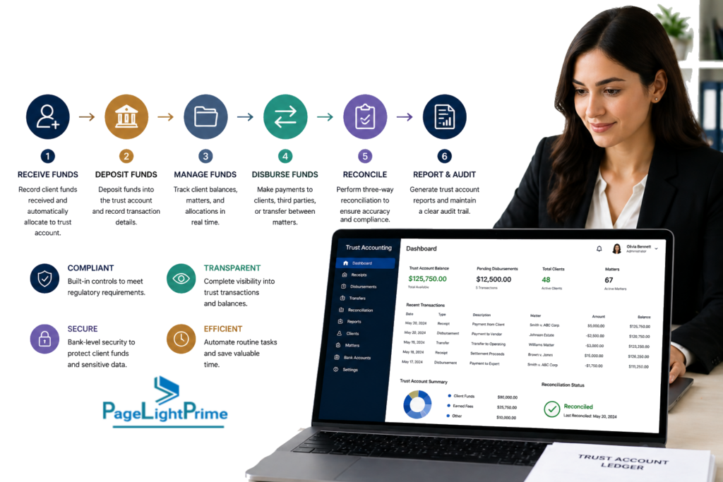Trust accounting workflow in legal accounting software showing client funds, segregated accounts, and compliance-ready transaction tracking.