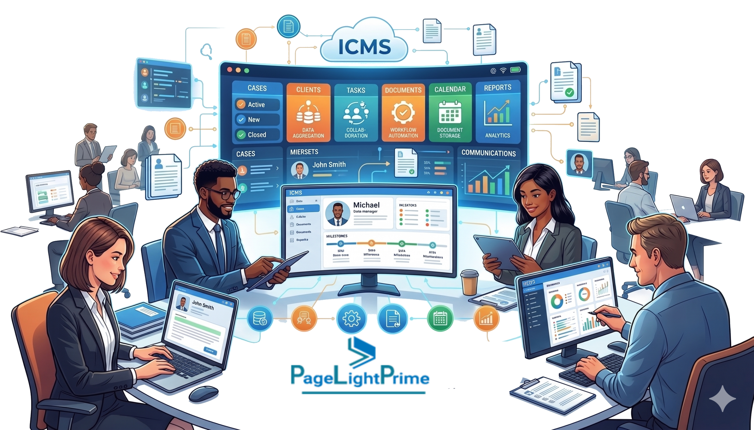 Professional using all-in-one case management system dashboard with automated billing, accounting, contracts, and financial growth indicators