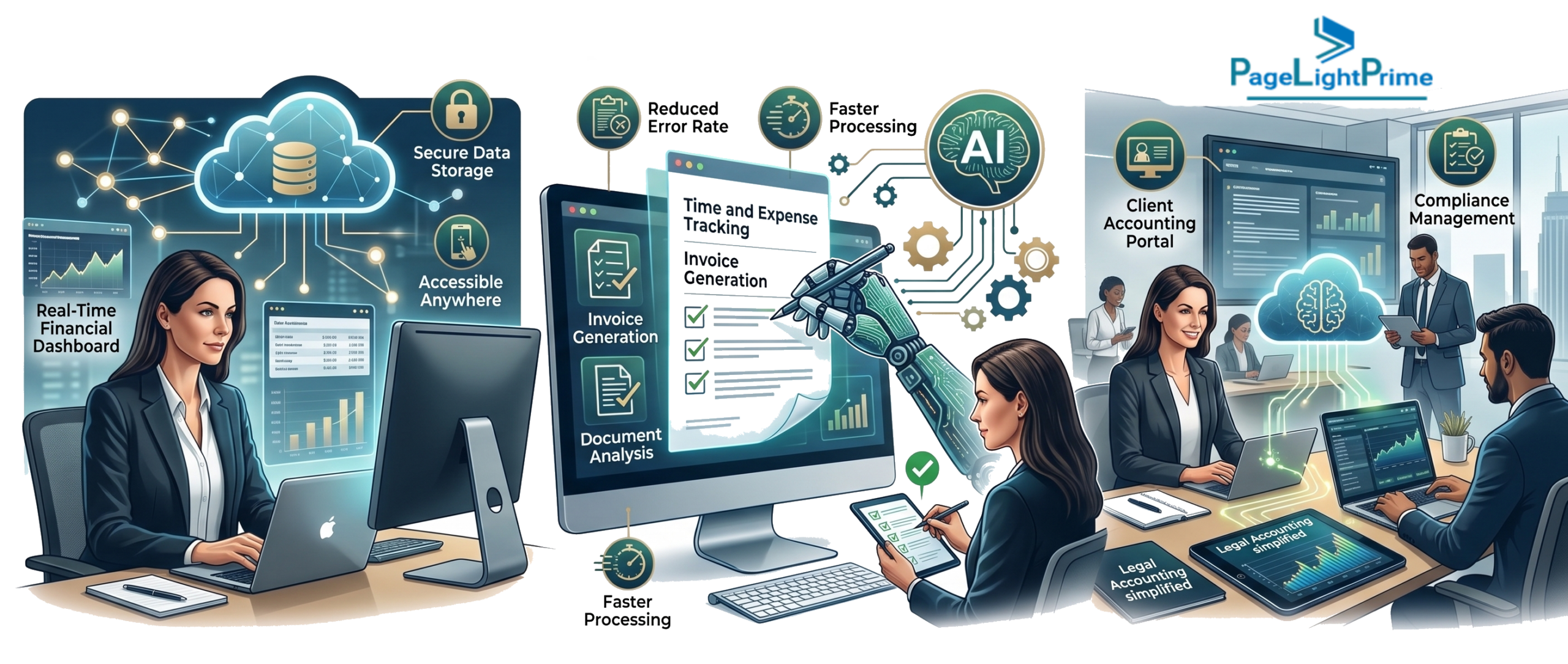 Accounting showing cloud-based systems, automated workflows, and AI-driven financial insights