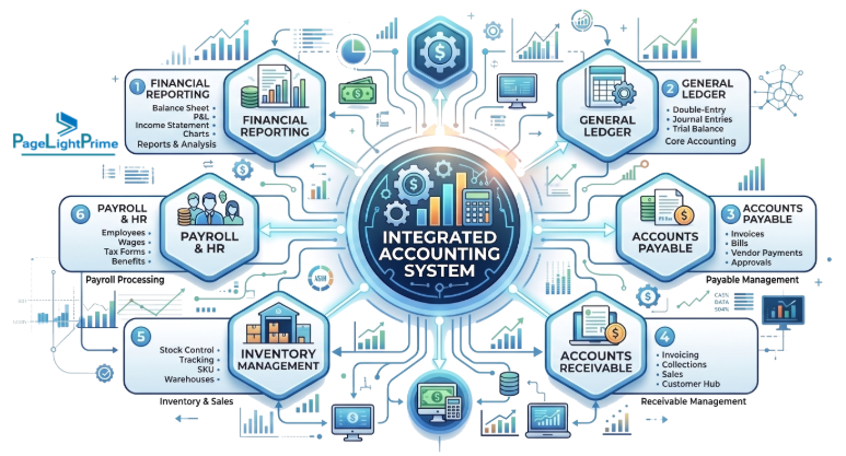Integrated accounting system with billing data, matter-based accounting, and financial management dashboard on screen