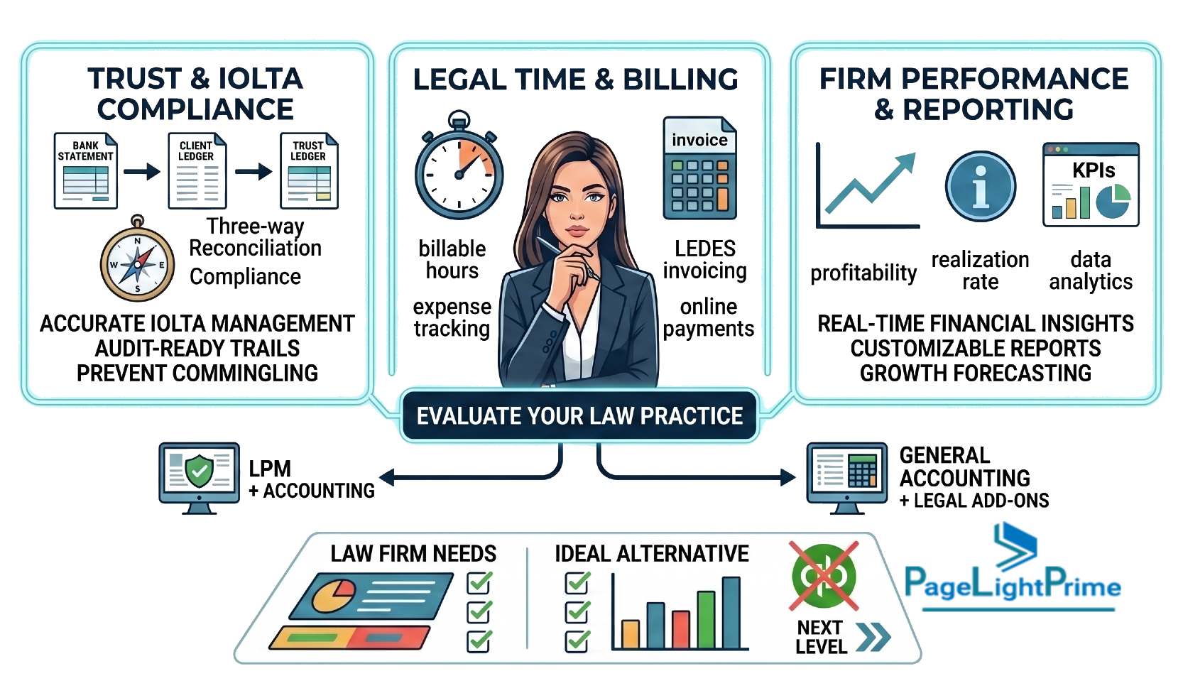 legal accounting software comparison, showing PageLightPrime versus Clio, CosmoLex, and QuickBooks, with a workflow cycle including setting objectives 