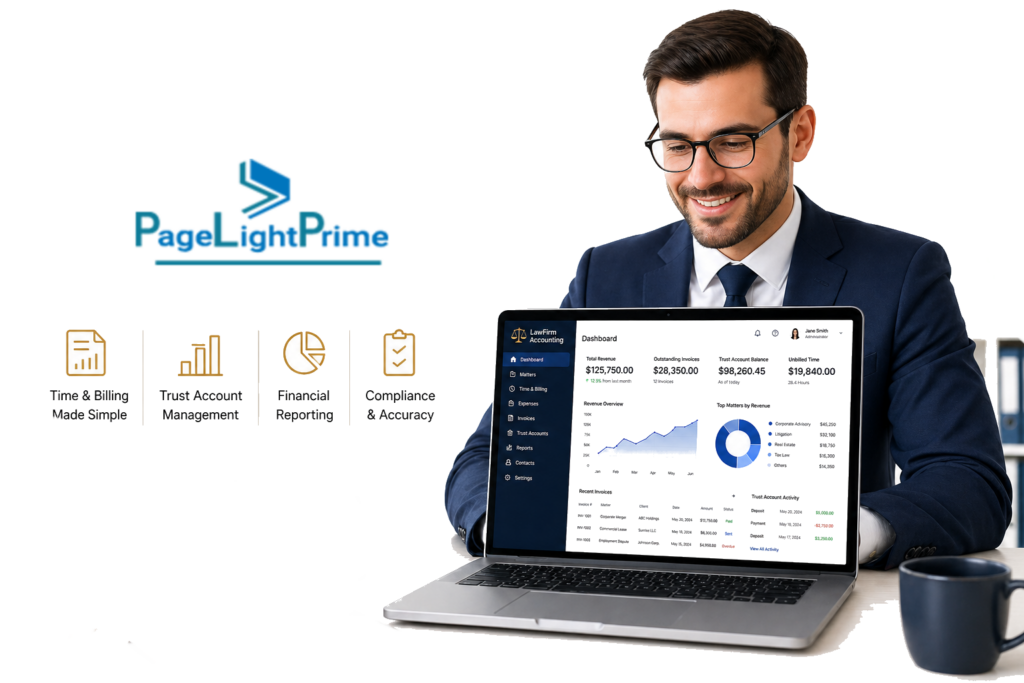 Law firm accounting software dashboard showing real-time financial overview, billing, trust accounting balances, and matter-based reporting in PageLightPrime.
