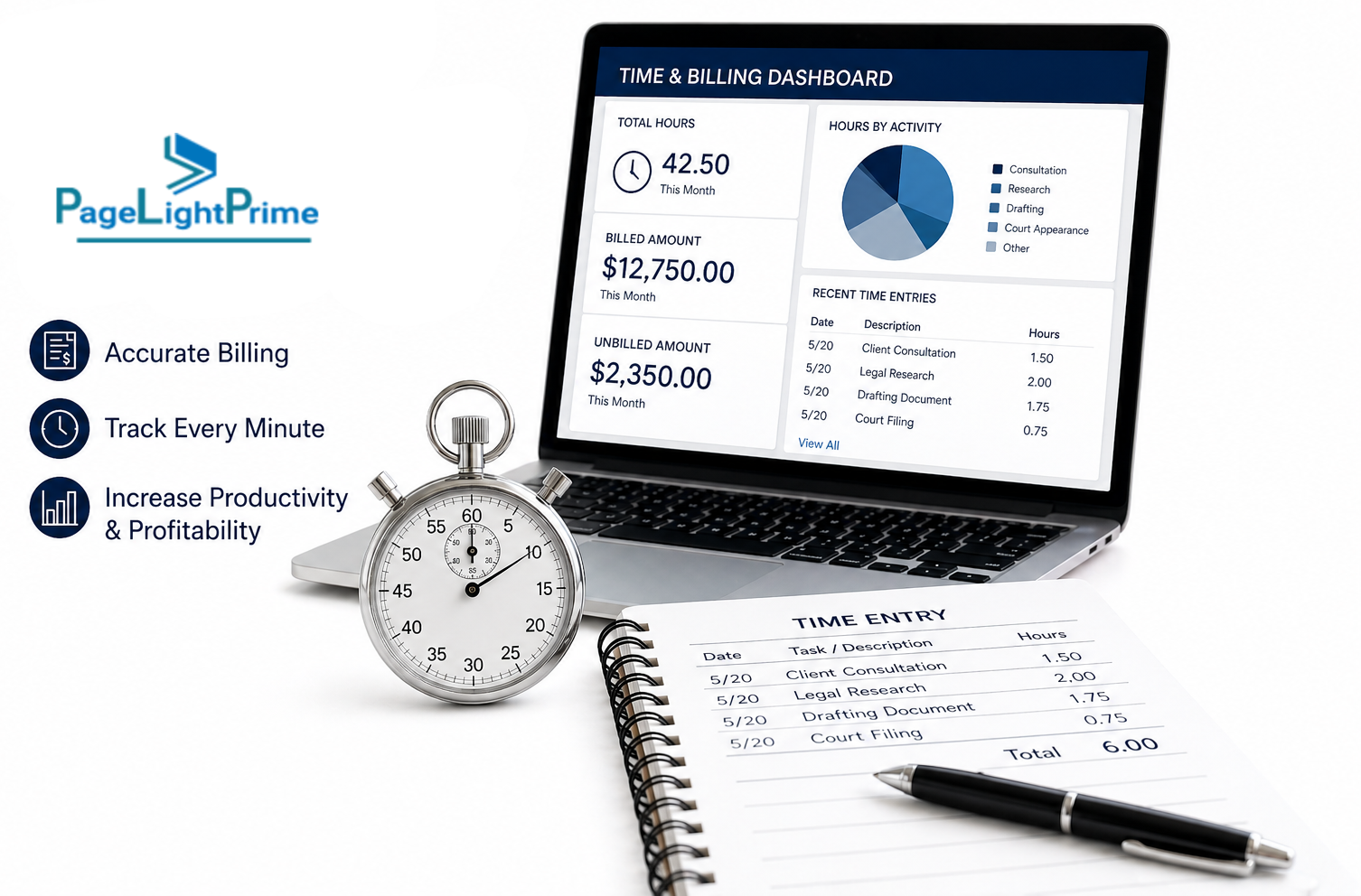 Legal billing and time tracking software interface showing billable hours, invoice generation, and matter-based billing for law firms.
