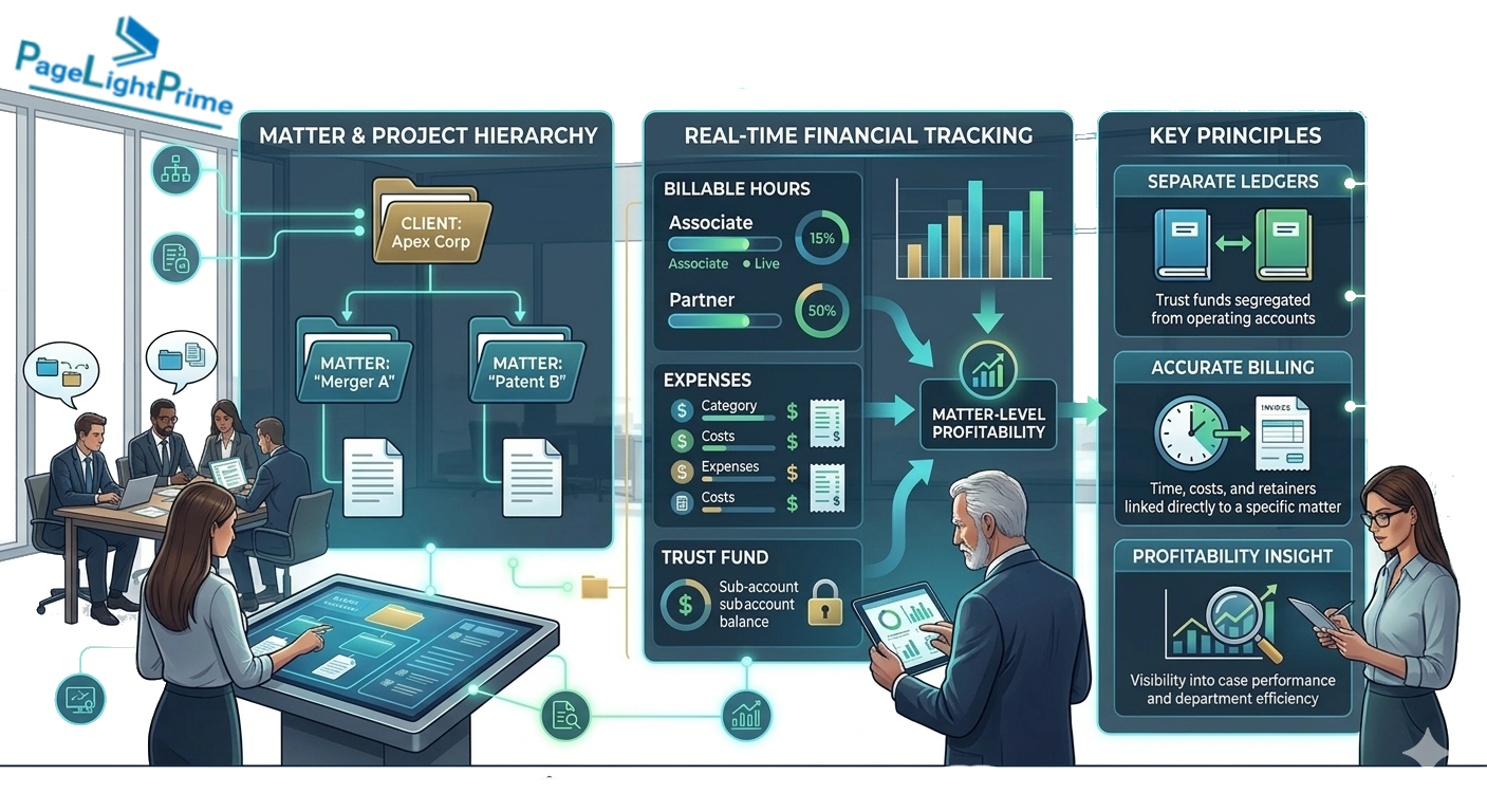 Matter-based accounting workflow connecting time tracking, billing, payments, and reporting in a law firm