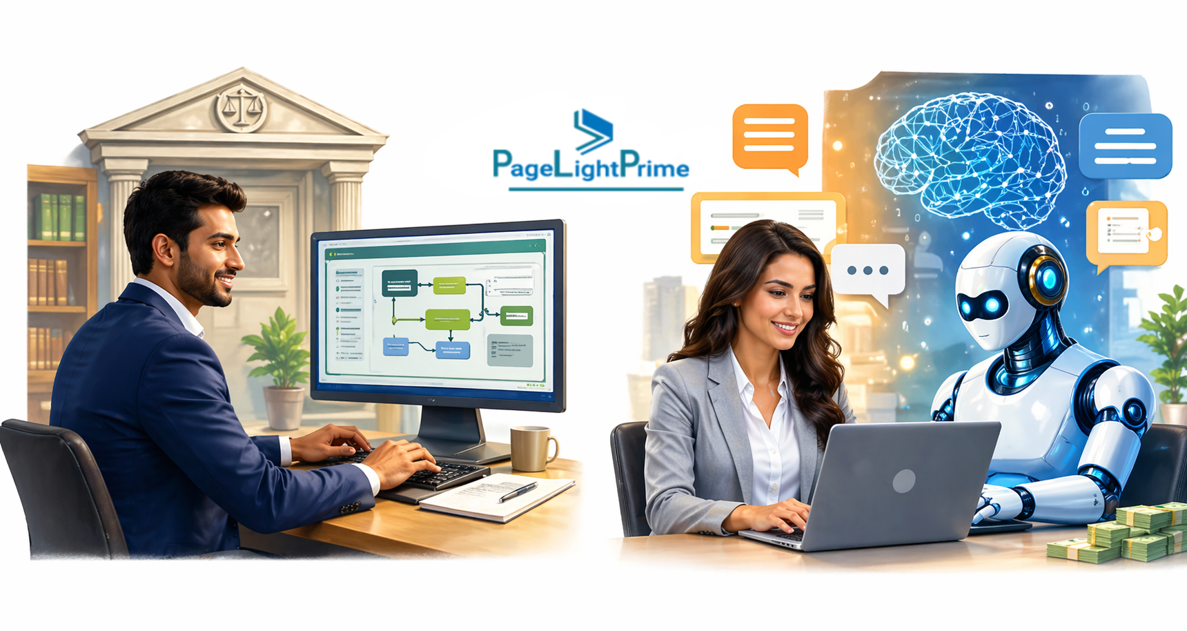 PageLightPrime showing a lawyer using workflow automation software and another professional collaborating