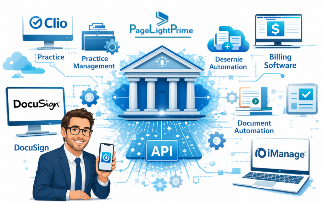 PageLightPrime vs Clio, highlighting Clio’s strengths in practice management, time tracking, and billing, alongside limitations in accounting, with integrations like QuickBooks and DocuSign shown around a central legal system graphic.