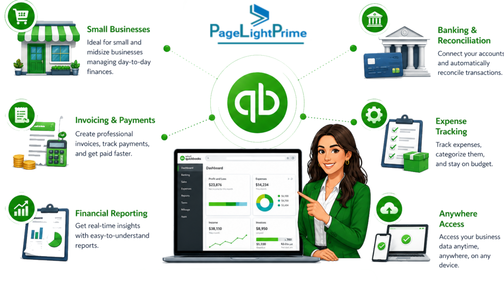 PageLightPrime vs QuickBooks for law firms. Highlights where QuickBooks works well, including basic accounting