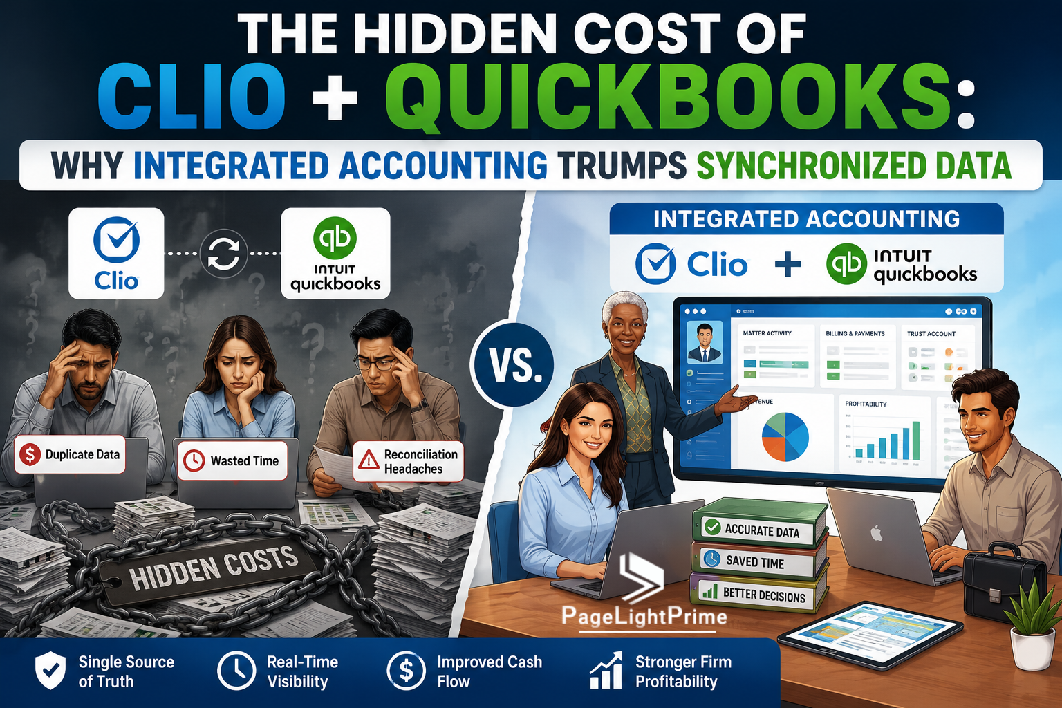 Diagram showing data lag between Clio legal billing software and QuickBooks accounting system