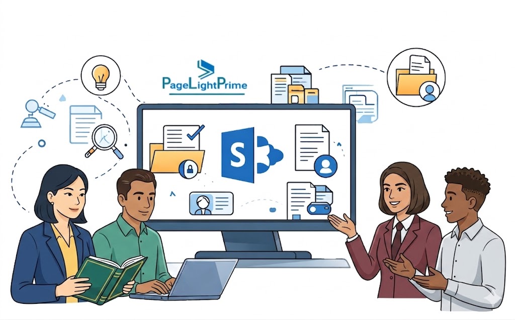 Graphic showing iManage legal document management software for larger or growing law firms, featuring legal professionals using workflow tools