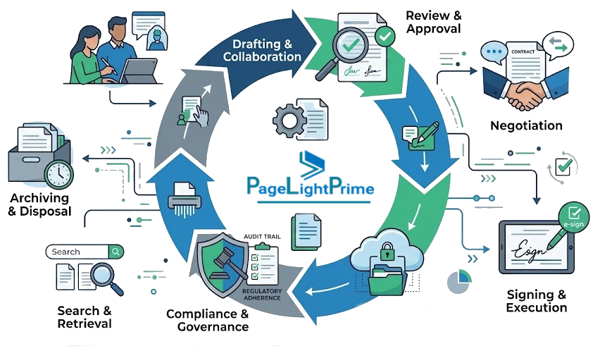 Diagram explaining where iManage and NetDocuments fit in the legal technology ecosystem alongside an office workstation with multiple data monitors