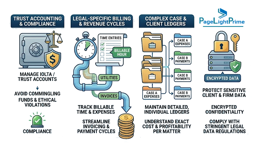 Workflow of law firm billing software including time tracking, invoice generation, and LEDES billing export.