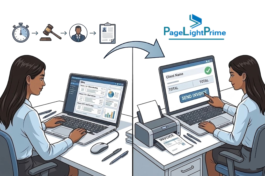 Legal Billing Is Just Invoicing’ showing legal professionals using technology and AI tools in an office setting