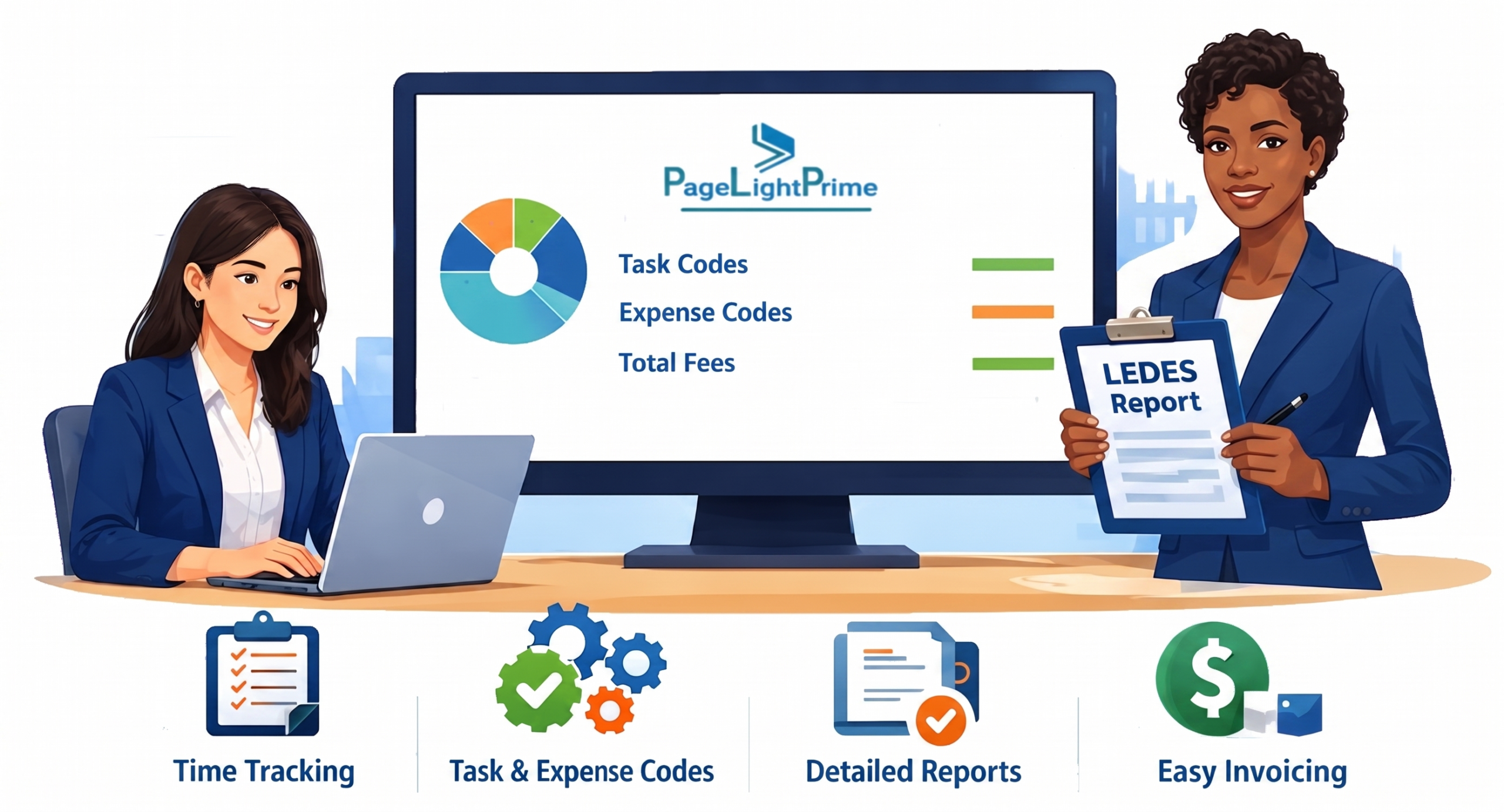 Business professionals in a modern conference room reviewing legal document management dashboards beside text