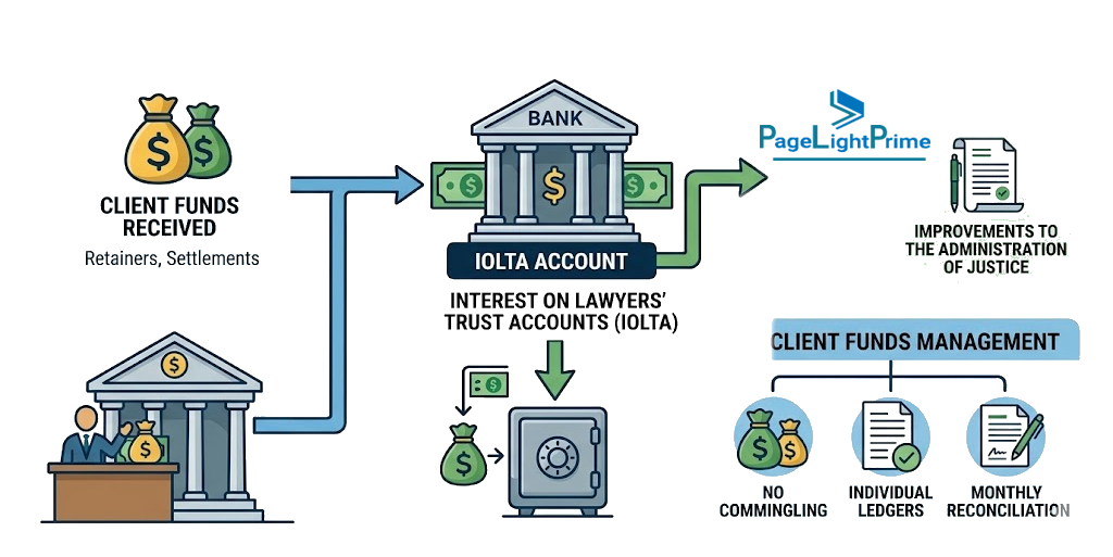 Diagram of legal trust accounting showing separation of client funds and operating accounts under IOLTA compliance.