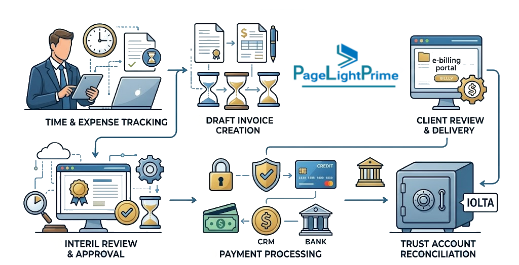 Flowchart illustrating matter-based accounting linking clients, matters, expenses, and revenue.
