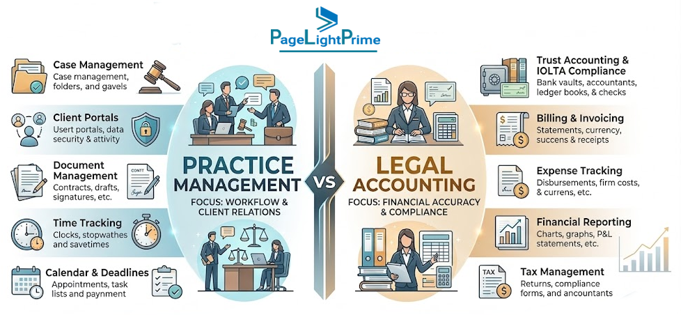 Comparison infographic explaining the differences between practice management software and legal accounting software