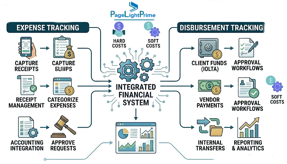 legal expense tracking and document management system showing law firm staff managing soft costs such as printing