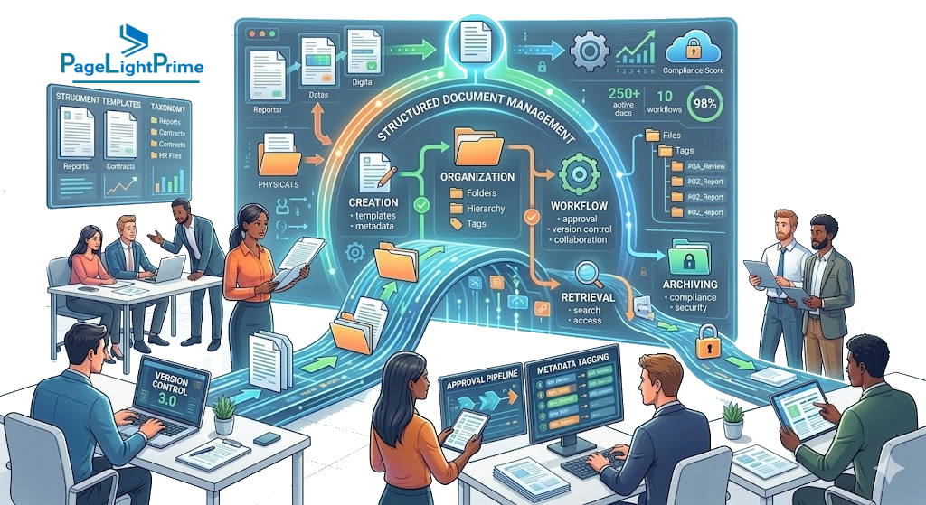 legal compliance, audit trail, insurance, and workflow icons, paired with text about structured document management