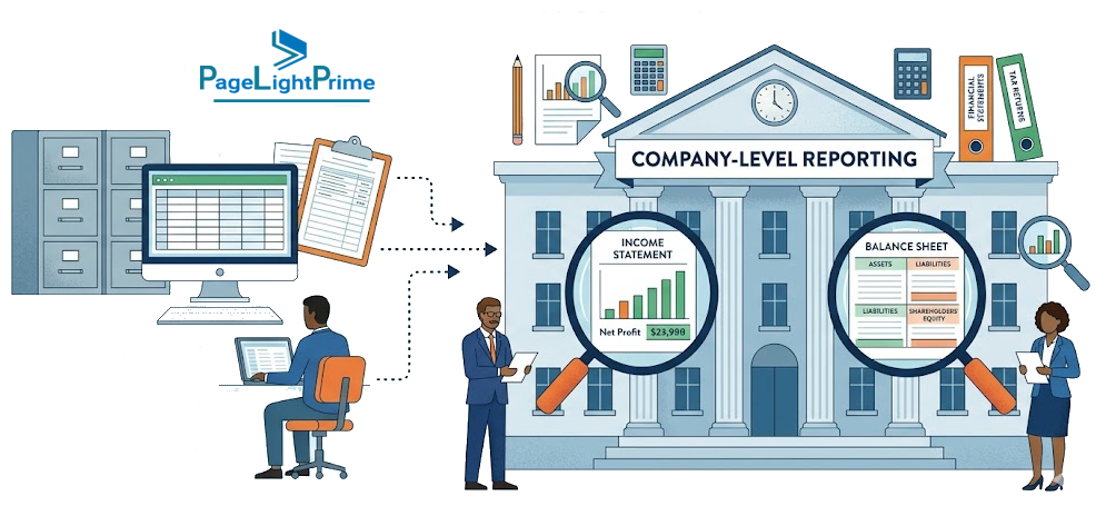 traditional accounting systems with operational legal visibility, showing a list of company-level financial reporting