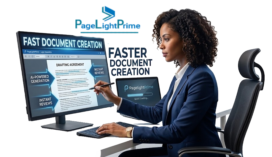 lawyer beside a computer displaying a chart, connected to cloud and AI icons, alongside text explaining how AI-assisted legal document