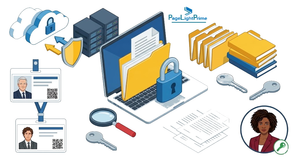 Graphic illustrating Sage Timeslips migration planning, featuring secure digital files, cloud data transfer