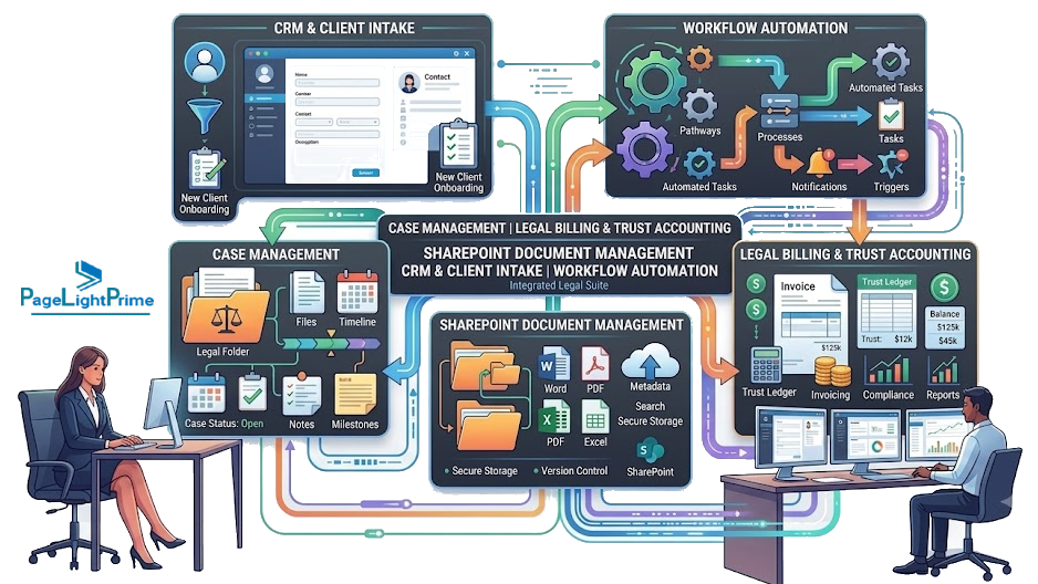 Architectural flow diagram demonstrating a zero-knowledge data architecture where legal files, documents, and client records remain completely inside the law firm's secure Microsoft 365 tenant boundaries.