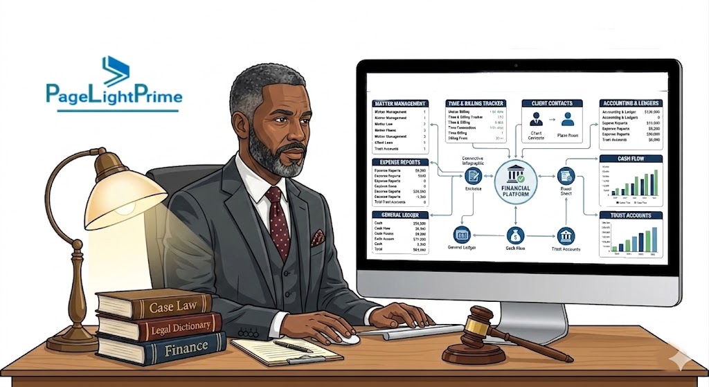 legal professional presenting an AI-powered administrative dashboard that automates document search