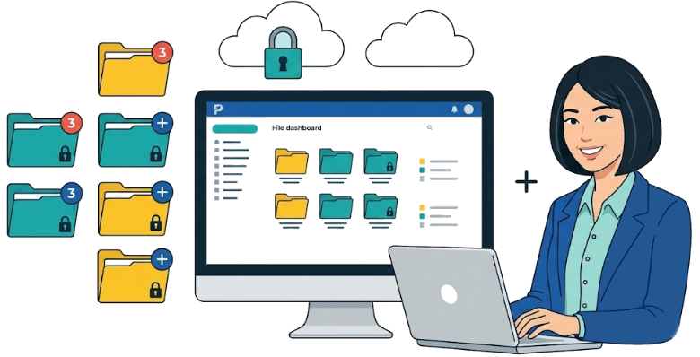 TimeSolv legal billing and timekeeping software showing a cloud-based dashboard, digital file folders
