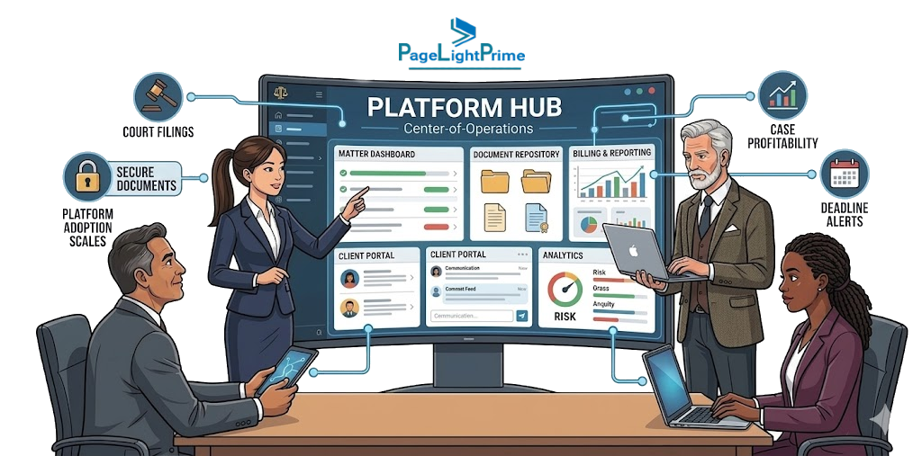 professional working on a laptop beside a software migration graphic
