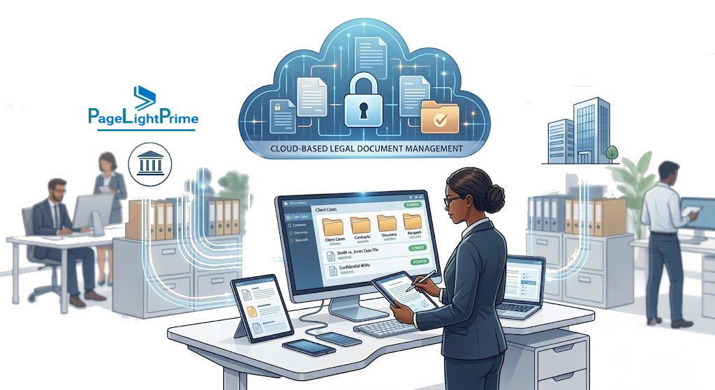 legal professional using a laptop with cloud-connected document folders, representing