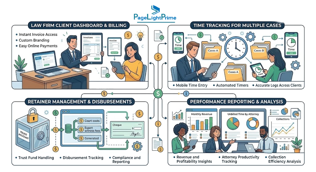 Law firm financial dashboard showing accounts receivable, work in progress, and profitability metrics